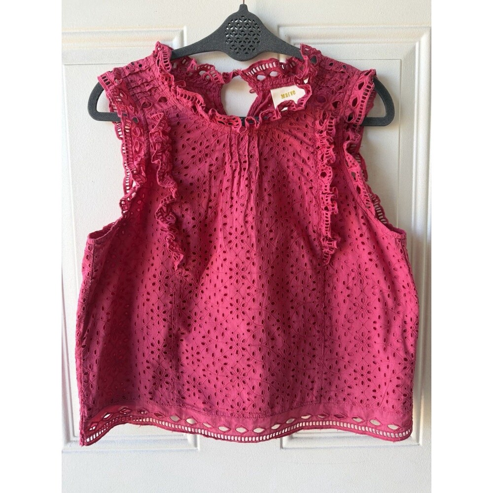 Maeve Anthropologie Tilly Pink Eyelet Ruffle Neck Sleeveless Top Size 8 Blouse